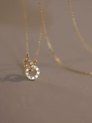 S925 sterling silver plated 14K gold ring interlocking classic necklace women's small diamond double ring ultra fine temperament simple clavicle chain Ouni Na