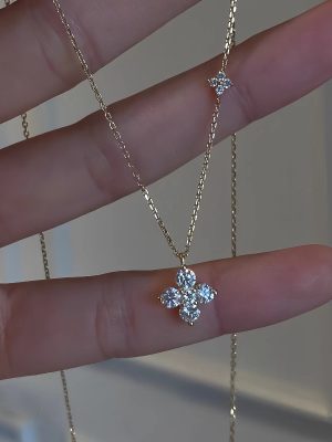 S925 Sterling Silver Plated 16K Gold Twin Four-leaf Clover Necklace Women's Design Light Luxury High-grade All-match Clavicle Chain