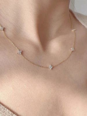 S925 Full Body Sterling Silver Diamond-encrusted Four-leaf Clover Necklace Clavicle Chain Gestapo Super Flash Light Luxury All-match Elegant Women