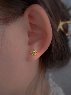 S925 Sterling Silver Plated 14K Gold Emerald Earrings Women's Small and Exquisite Light Luxury Green Zircon Flower Earrings Ouni Na