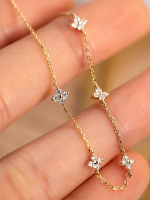 Midsummer Streamers ~ S925 Silver Plated 18K Gold Four-leaf Clover Gipsophila Bracelet Simple Zircon Sterling Silver Female Commuter HME