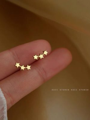 S925 Sterling Silver Plated 14K Gold Three Little Star Earrings Women's Cute Five-pointed Star All-match Mini Simple Earrings Ouni Na
