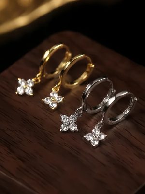 S925 Sterling Silver 14K Gold Plated Four-leaf Clover Necklace Women's Simple Design Flower Elegant All-match Korean Earrings