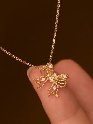 Ins Style Light Luxury Sterling Silver Plated 14K Gold Bow Necklace Japanese Vintage Design Clavicle Chain Ouni Na