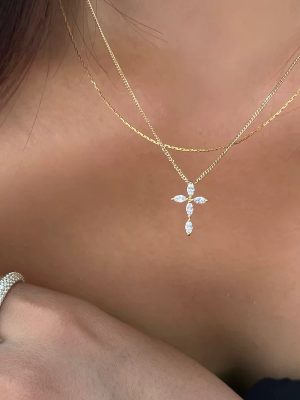 S925 Sterling Silver Plated 14K Gold Cross Diamond Necklace Women's Japanese and Korean-style Diamond Design All-match High-grade Clavicle Chain Ouni Na