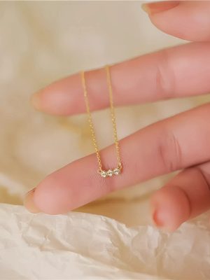 S925 Sterling Silver Plated 14K Gold Three Diamond Necklace Women's Simple Fashion All-match Clavicle Chain Stacked Wearing Cautious Machine