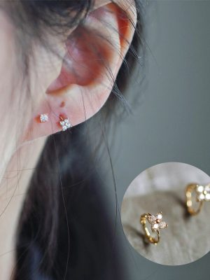 S925 Sterling Silver Plated 14K Gold Four-leaf Clover Ear Ring Women's Full Diamond Small Flower Japanese Style Elegant Simple Fresh Ear Ring