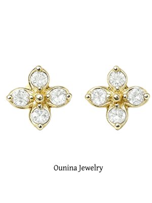 S925 Sterling Silver Plated 14K Gold Small Cute Cruciferous Earrings Women's Four-leaf Clover Zircon Earrings High Earrings Ouni Na