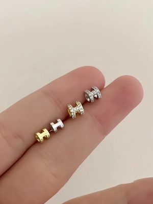 S925 Sterling Silver Plated 14K Gold Mini Letter H Stereo Full Diamond Ear Nail Simple Small Elegant Ear Holes Earrings