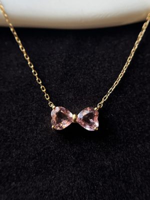 S925 Sterling Silver Plated 18K Gold Classic Bow Natural Morganite Pendant Necklace Girl Heart Powder Clavicle Chain Female HME