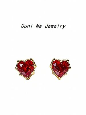 S925 Sterling Silver Plated 14K Gold Love Pomegranate Red Earrings Female Temperament All-match Girl Heart Advanced Earrings Ouni Na