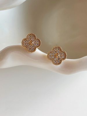 S925 Sterling Silver Plated 18K Gold Classic Four-leaf Clover Zircon Earrings Women's Advanced Light Luxury Style Daily HME