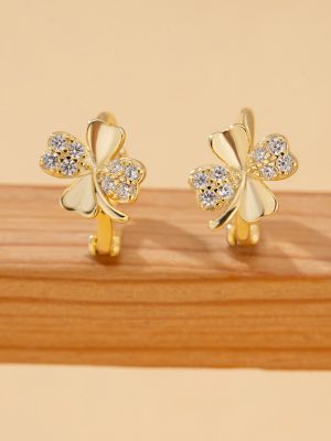 S925 Sterling Silver Micro-inlaid Zircon Four-leaf Clover Ear Buckle Simple Fashion Trendy Light Luxury High-end Earrings for Women