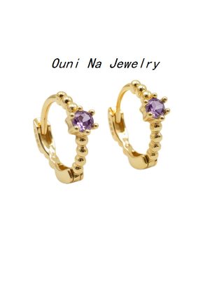 S925 Sterling Silver Plated 14K Gold Round Bead Ear Buckle Light Luxury Six-claw Set with Purple Zircon Ear Ring Commuter All-match Earrings Ouni Na