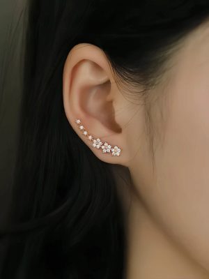 S925 Sterling Silver Plated 14K Gold Rose Gold Fresh Five-petal Flower Ear Row Mori Simple Diamond Star Women's Earrings