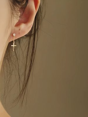 S925 Sterling Silver Plated 14K Gold Cross Earrings Women's Design Zircon All-Match Distinctive Tassel Earrings