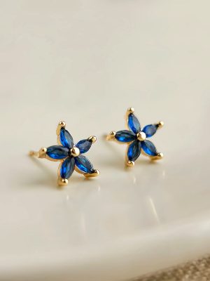S925 Sterling Silver Plated 18K Gold Blue Zircon Flower Earrings Women's Diamond Small Fresh Elegant Fashion All-match Earrings