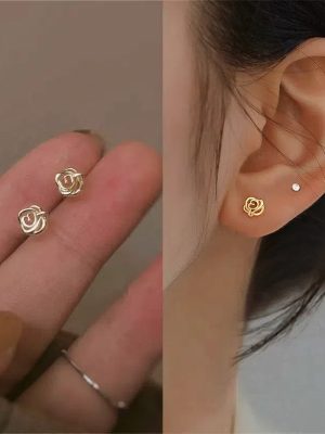 S925 Sterling Silver Plated 14K Gold Small Rose Flower Earrings Edition Simple Elegant Flower Women's Earrings Gift