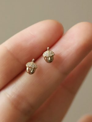 Body S925 Sterling Silver Plated 14K Gold Earrings Women's Cute Oak Small Pine Fruit Shape Plant Earrings HME