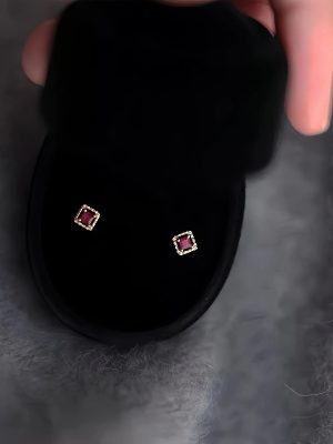 S925 Sterling Silver Plated 14K Gold Micro-inlaid Small Zircon Ruby Earrings Women's Simple Square High-grade Earrings Earrings