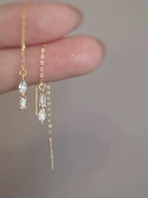 Water Drop Square Diamond Light Luxury Japanese S925 Sterling Silver Plated 14K Gold Geometric Earrings Elegant Long Ear Line Fresh and Sweet Ouni Na