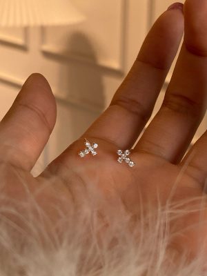 S925 Sterling Silver Plated 14K Gold Cross Diamond Earrings Women's Design Light Luxury Earrings All-match commuter Ouni Na