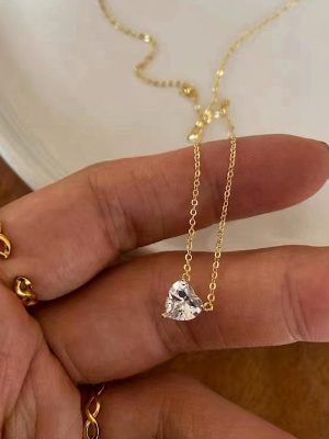 S925 Sterling Silver Plated 14K Gold Heart-shaped Diamond Super Flash Gentle Clavicle Chain Simple Classic Versatile Necklace Women