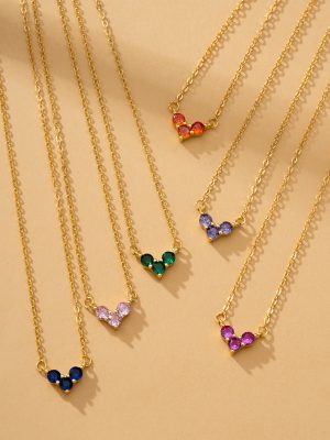S925 Sterling Silver Color Gem Birth Month Single-sided Love Necklace Japanese Style Light Luxury Mini Heart-shaped Clavicle Chain for Women