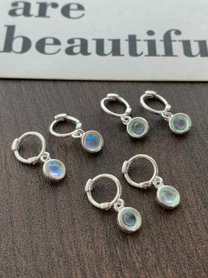 S925 Sterling Silver Korean Style Aquamarine Moonlight Glass Stone Earrings Women's High-end Retro Fashion Light Luxury Earrings