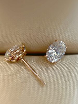 Classic ~ S925 Sterling Silver Plated 18K Gold Pigeon Egg Oval Simple Single Diamond Four Claw Joker Women's Earrings Earrings HME