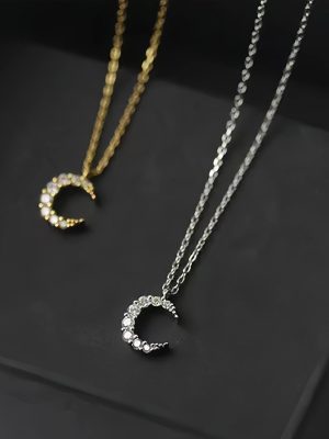 S925 Sterling Silver Plated 14K Gold Exquisite Full Diamond Moon Necklace Women's Design Elegant Simple Zircon Chain