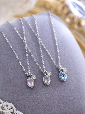 S925 Sterling Silver Light Luxury Geometric Crystal Necklace Women's Japanese Style Retro Natural Topaz Clavicle Chain All-match Design