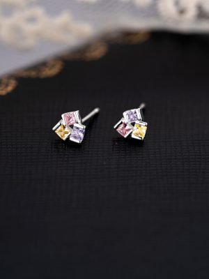 S925 Sterling Silver Inlaid Colored Zirconium Geometric Square Earrings Women's Ins Style Simple Elegant All-match Ear Holes Earrings