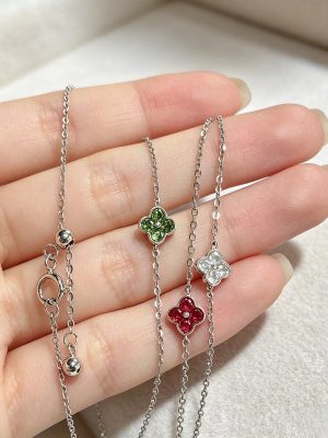 S925 Full Body Sterling Silver Four-leaf Clover Color Zircon Bracelet Women's Design Lucky All-match High-end Simple Bracelet