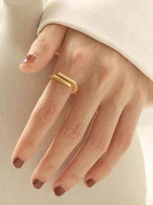 S925 Sterling Silver Plated 14K Gold Geometric One-character Sterling Silver Ring Instagram Style Open Finger Ring Women's Fashion Sex Cold Style