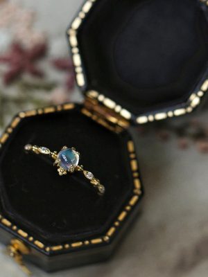 S925 Sterling Silver Gold Plated Women's Ring Dream Blue Light Moonstone Ring Retro Exquisite Index Finger Open Ring Ins Ring