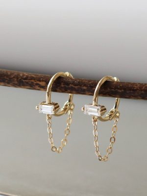 S925 Sterling Silver Plated 18K Gold Earrings Inlaid with Small Square Diamond Zircon Chain Tassel Ear Buckle Ear Ring Earrings HME