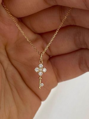 Unlocked Heart ~ S925 Silver Plated 18K Gold Mini Key Zircon Necklace Women's Light Luxury Four-leaf Clover Clavicle Chain