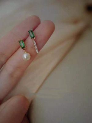 S925 Sterling Silver Plated 14K Gold Diamond-encrusted Emerald Earrings Japanese and Korean Design Elegant All-match Earrings Women's Silver Needle Ouni Na