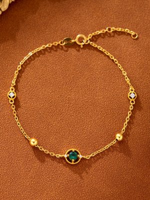S925 Sterling Silver Inlaid Emerald Zircon Bracelet Women's Retro Light Luxury Exquisite Commuting Versatile Round Bead Fine Chain Bracelet