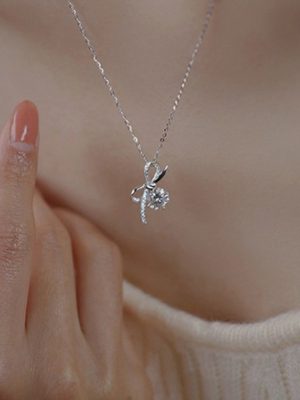 925 Sterling Silver Bow Necklace Women Ins Style Summer Light Luxury Design Flash Diamond Clavicle Chain Ins Style