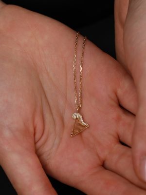 Musician ~ S925 Silver Plated 18K Gold Zircon Harp Pendant Necklace Female Musical Instrument Cube HME