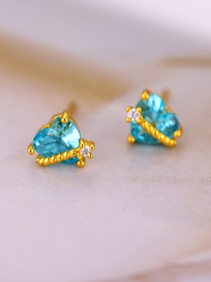 S925 Sterling Silver Aqua Blue Zircon Love Planet Earrings Women's Fresh and Sweet High-grade Heart-shaped Earrings