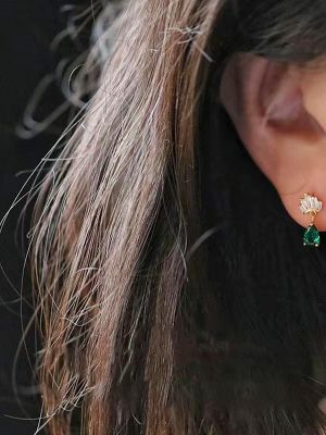 S925 Sterling Silver Plated 14K Gold Emerald Ear Stud Water Drops Zircon Small Fresh Style Crown Ear Stud Women's Light Luxury Elegant
