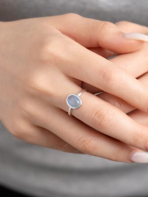 S925 Sterling Silver Aquamarine Crystal Ring Women's Simple Ins Light Luxury Advanced Oval Opening Adjustable Ring