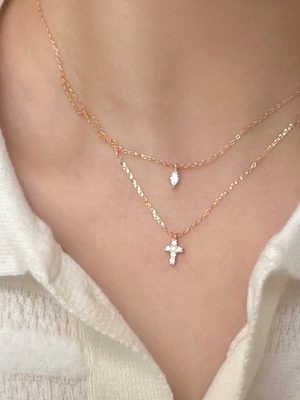 Japanese and Korean S925 Sterling Silver Plated 14K Gold Clavicle Chain Minimalist Zircon Water Drop Cross Double Layer Overlapping Necklace Female Ouni Na