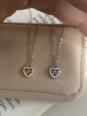 Love bow necklace ~ female S925 silver plated 18K gold light luxury design clavicle chain sweet atmosphere