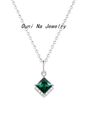 London Garden S925 Sterling Silver Plated 14K Gold Necklace Women Square Diamond Design Emerald Clavicle Chain Ouni Na