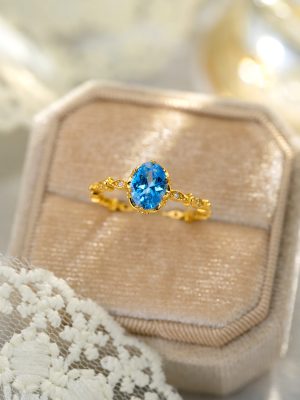S925 Sterling Silver Japanese Style Aqua Blue Zircon Pigeon Egg Ring Women's Fashion Retro High-grade Design Finger Ring