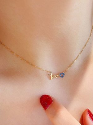 South Korea S925 Sterling Silver Plated 14K Gold Necklace Women's Elegant New Fashion Heartbeat Wave Love Pendant Collarbone Chain Ouni Na